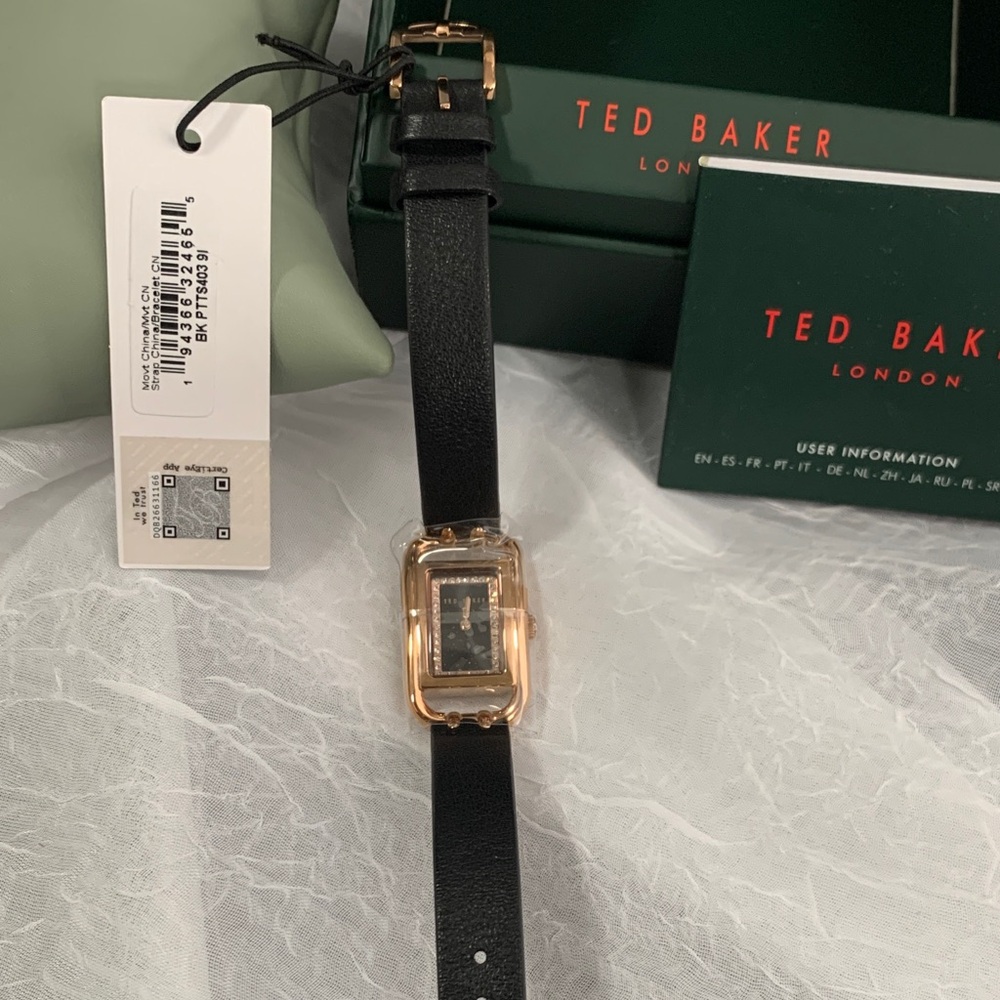 Ted Baker Black Strap Watch with Rose Gold Rectangular Case